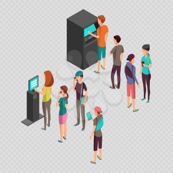 Row of waiting people at atm payment machine and terminal isolated on transparent background. Vector illustration