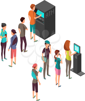 Row of waiting people at atm payment machine and terminal. 3d isometric banking and finance vector concept. Atm machine and queue people to terminal bank illustration