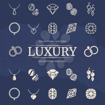 Jewelry and diamonds line and silhouette icons set on grunge background. Vector illustration