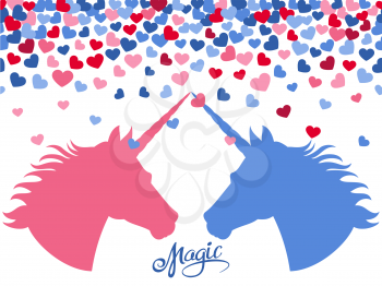 Magic background with falling hearts and two unicorns in love. Vector illustration