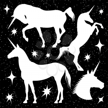 White unicorn silhouettes set with stars on black backdrop. Vector unicorn horse, vector magic animal black illustration