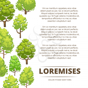 Abstract forest poster design - eco poster background with cartoon trees. Template of banner with tree illustration