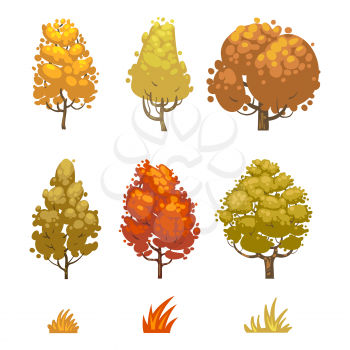 Cartoon style autumn trees and grass isolated on white background. Collection of trees, vector illustration