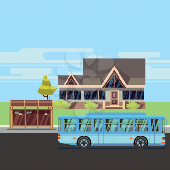 Residential old-style house with bus stop. Flat vector illustration
