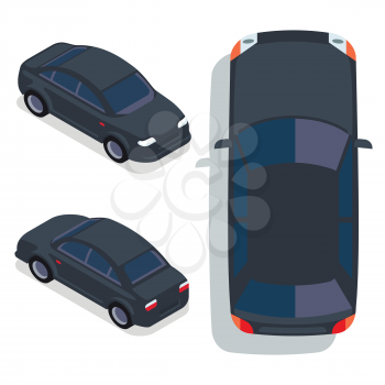 Vector flat style cars in different views. Black sedan illustration