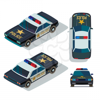 Vector flat-style cars in different views. Isometric police car transport patrol top and front view illustration