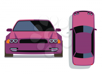 Vector flat-style cars in different views. Lilac car front illustration