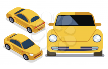 Vector flat-style cars in different views. Yellow isometric car cab illustration