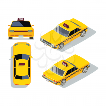 Vector flat-style taxi cars in different views. Yellow isometric taxi transportation and traffic illustration