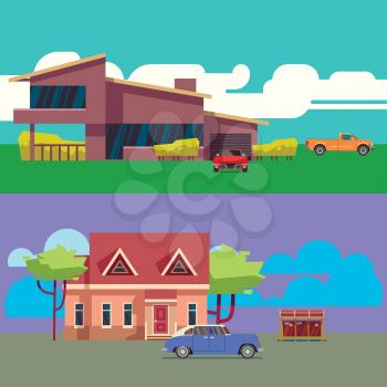 Vector horizontal banners set with residential houses with cars. Flat vector illustration