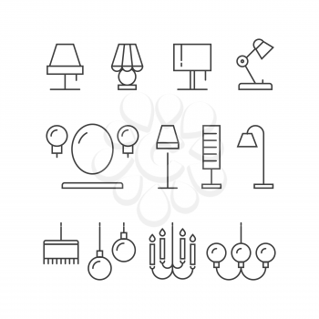Lighting icons collection - lamps, floor lamps for home, interior, vector illustration