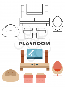 Playroom concept - flat and line style room design. Interior play room. Vector illustration