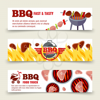 BBQ and steak horizontal banners template. Set of bbq cards. Vector illustration