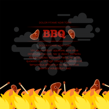BBQ party poster design with fire and meat. Barbecue design banner. Vector illustration