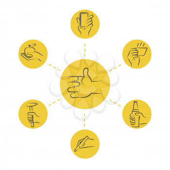 Cool thin line concept - hand icons with tools and food. Vector illustration