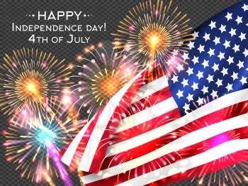 USA Independence day poster with firework and flag. Vector illustration