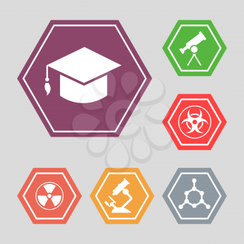 White science vector icons - molecule, hat, microscope. Knowledge design icon, vector illustration