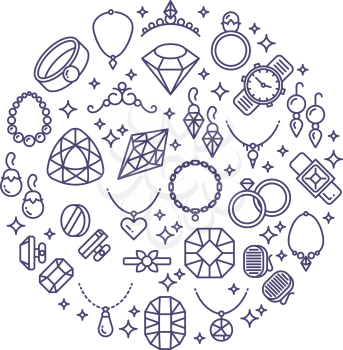 Jewelry and gemstones line vector icons. Luxury concept for jewelry store. Gemstone and diamonds round emblem
