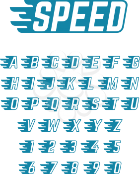 Speed flying vector alphabet. Fast symbols typeface for racing car team, retro posters and sportswear. Sport fast alphabet, speed alphabetical and numbers illustration