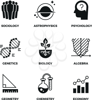 Science vector icons set. Genetics and economy, algebra and chemistry. Geometry and biology, psychology and astrophysics, sociology symbols. Monochrome illustration sign of science discipline