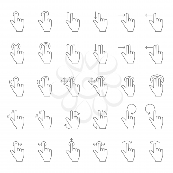 Touch hand gesture vector line icons. Touching finger gestures pictograms with swipe arrows. Finger slide and action, hold and touch on sensory screen illustration