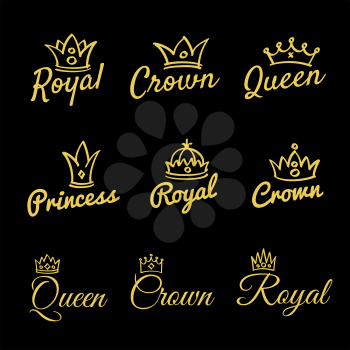 Sketch queen crowns and hand drawn princess diadem vector beauty and fashion shopping logo set. Princess and crown, king and queen fashionable. Vector illustration