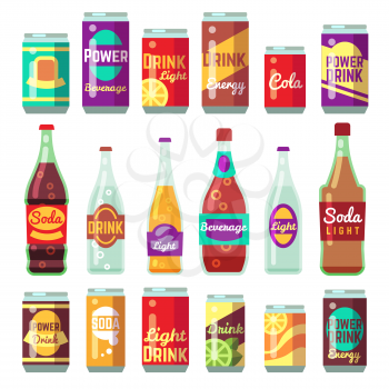 Beverage soft and energy drinks vector flat icons. Drink bottle and can set. Bottle with beverage and drink water in glass bottle illustration