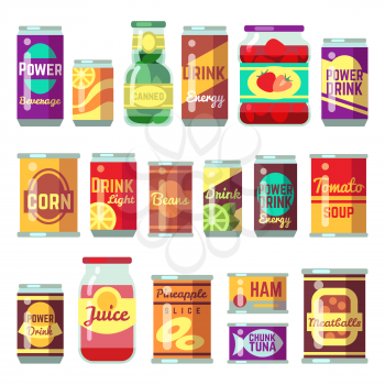 Canned goods vector set. Tinned food, conservation tomato soup and vegetables. Tin container conserve, canned tomato soup illustration