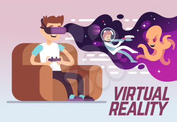 Boy with headset playing virtual 3d reality simulation game. Digital entertainment vector concept. Innovation play device, illustration of vr cyberspace