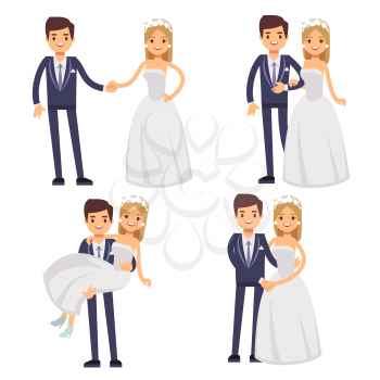 Cartoon wedding couple. Just married vector characters. Groom and bride love togetherness and happiness illustration