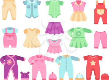 Colorful baby girl clothes vector set. Cloth for little girl baby illustration