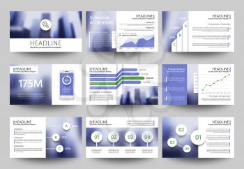 Multipurpose business presentation vector templates with blurred photo elements. Corporate brochure design with infographic elements. Promotion annual banner card with blurred backdrop illustration