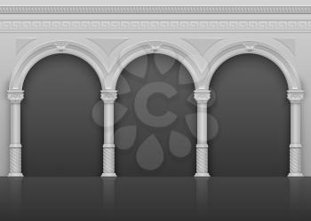 Classic roman antique interior with stone arches and columns vector illustration. Architecture ancient arch with column