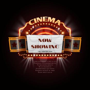 Vintage cinema sign. Glowing movie signboard with lightbulb frame vector illustration. Signboard vintage movie, frame decoration billboard cinema