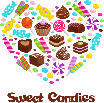 Caramel lollipop candies and chocolate sweets flat icons in heart shape. Candy and caramel dessert, chocolate candy, vector illustration