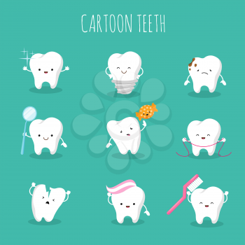 Cute cartoon tooth vector set. Baby teeth health and hygiene icons. Healthcare tooth and protection, illustration of dental and stomatology