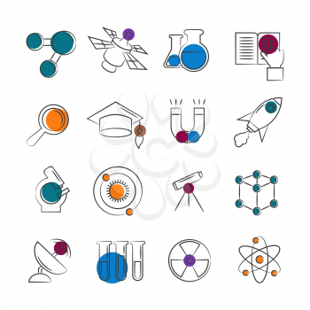 Science line icons collection with colorful details. Science flat elements. Vector illustration