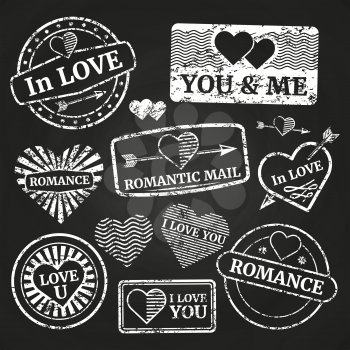 Romantic postage grunge stamp collection on chalkboard. Vector illustration flat