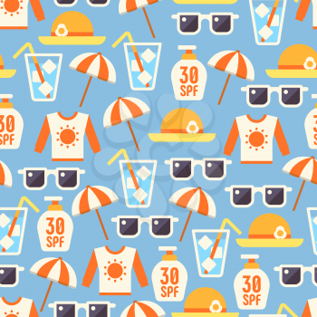 Sun protect seamless pattern with lotion, sun glasses, beach umbrella, t-shirt and hat. Vector illustration