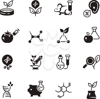 Genetic modification biotechnology and dna research vector micro icons. Gmo research, biotechnology genetic dna illustration