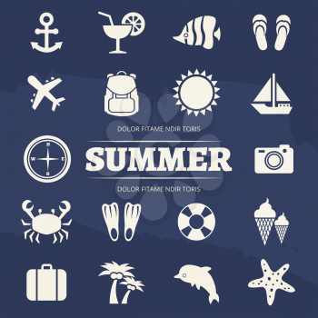 Summer vacation icons set - travel adventure icon. Summertime travel icon anchor and sun, cocktail and leisure, vector illustration