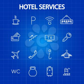 Hotel services thin line icons. Tourism and vacation symbol. Vector illustration