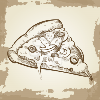 Hand sketched pizza on vintage grunge background - fast food poster. Vector illustration