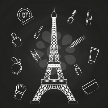 Paris Eiffel tower and beauty cosmetics on blackboard. Vector illustration