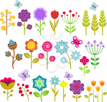 Summer flowers isolated vector collection. Cute floral elements for retro 70s design. Vintage flower blossom of set illustration