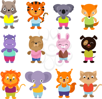 Cute cartoon baby animals vector set. Collection of color animals koala and lion, elephant and tiger, bear and fox, hippo and rabbit illustration