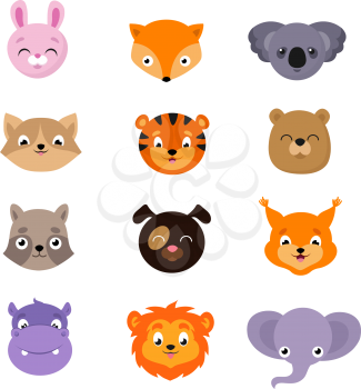 Cute baby animal faces vector set. Heads animal character dog and squirrel, hippopotamus and elephant illustration