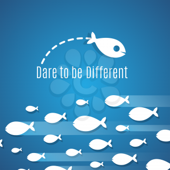 Dare to be different success solution vector concept with small fishes group. Illustration of individual leadership, inventive and fearless