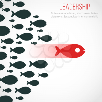 Business leadership vector concept with red leader fish and winning team. Leadership business, fish group illustration