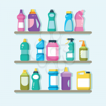 Household cleaner products and laundry goods on shelves. House cleaning service vector concept. Detergent cleaner and wash, housework with soap disinfectant illustration